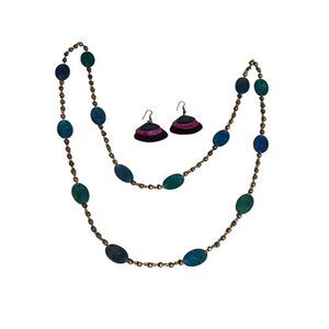 Vintage 1990s Metal Clanky Jingle Dangle Earrings & Beaded Metal Necklace Set